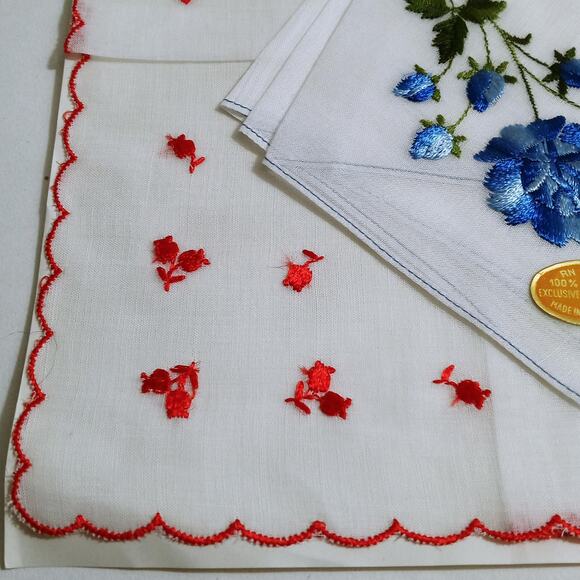 Red/ Blue Floral Embroidered 2 Handkerchiefs Cottagecore Hankie Switzerland NOS - Picture 2 of 5